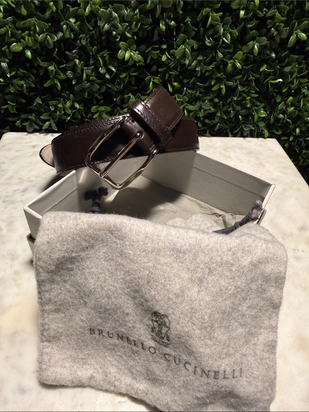 Brunello Cucinelli Men's Dark Brown Leather Belt with Silver Buckle